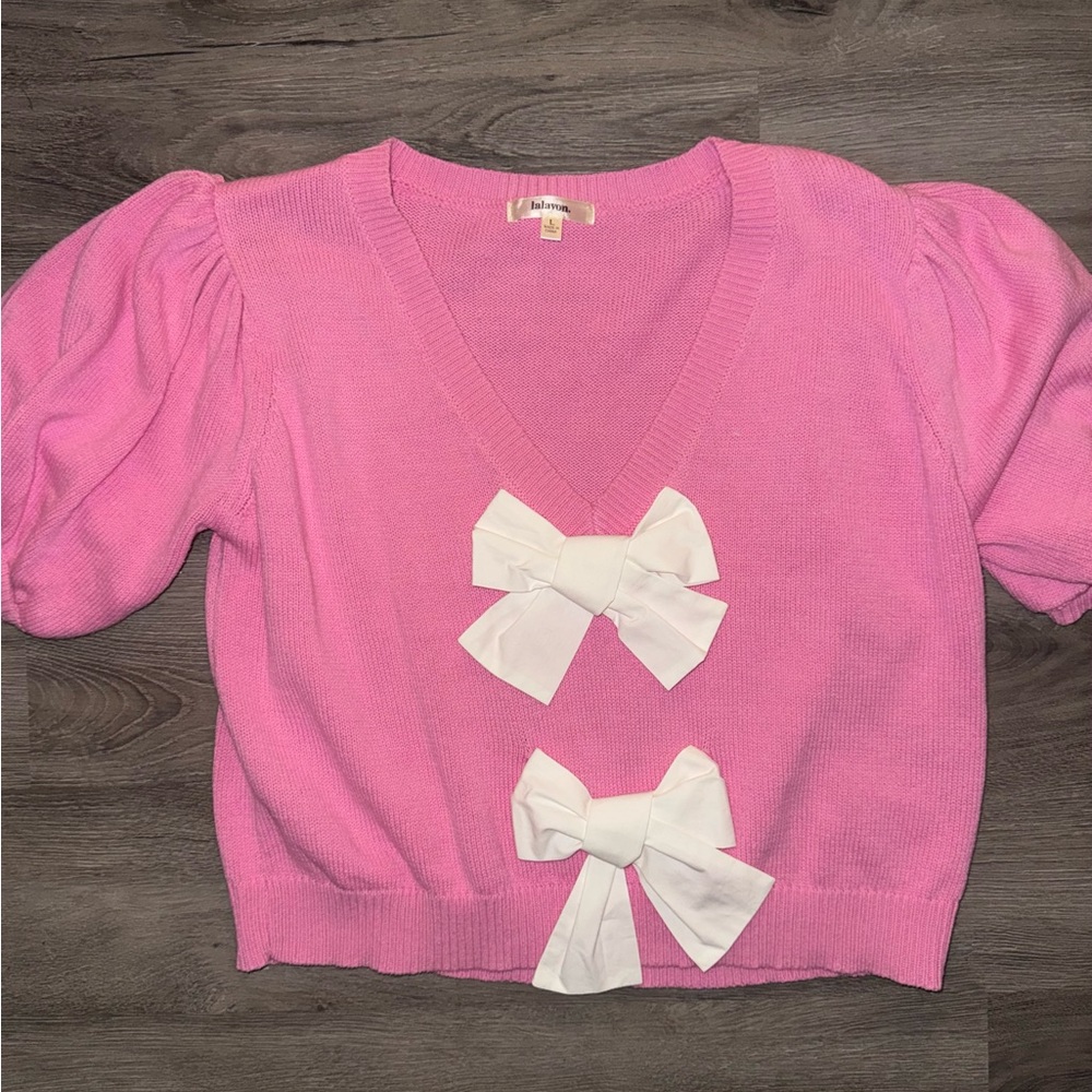 Pink Puff Sleeve Sweater Top with Bows